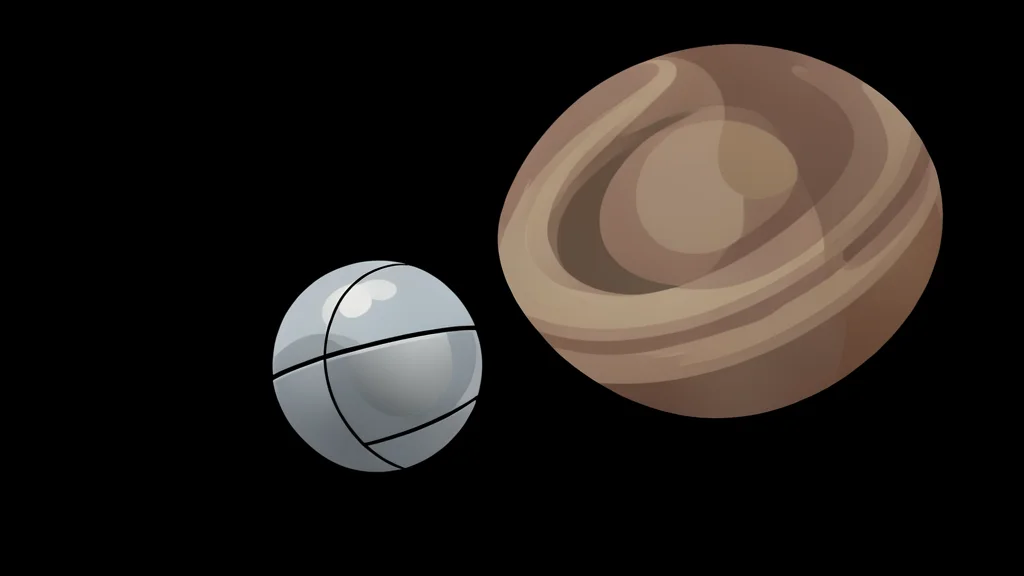 A small, spherical spacecraft capsule floating in the blackness of space with a large, ringed planet in the background