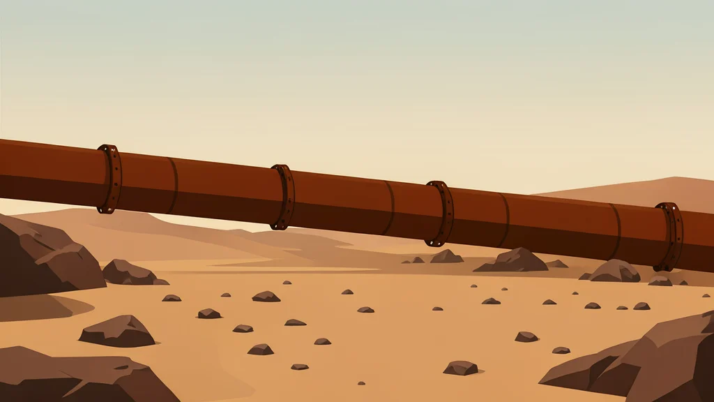 A long, rusted steel pipeline stretching across a dry, rocky desert landscape under a hazy sky.