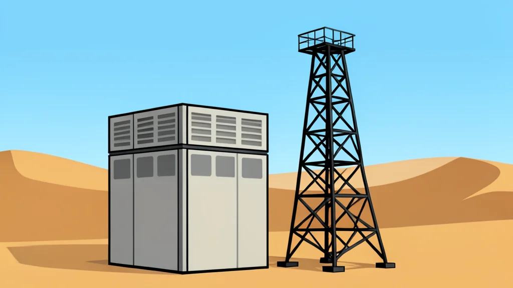 A solid oxide fuel cell stack standing next to a steel oil derrick in a desert landscape