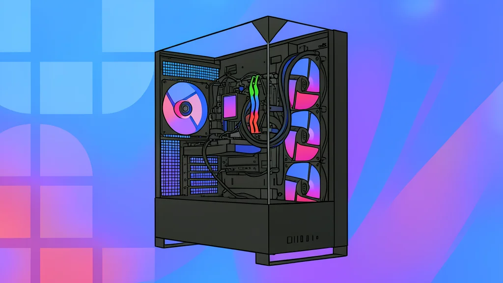A sleek black computer tower with a transparent side panel revealing internal components and a liquid cooling loop.