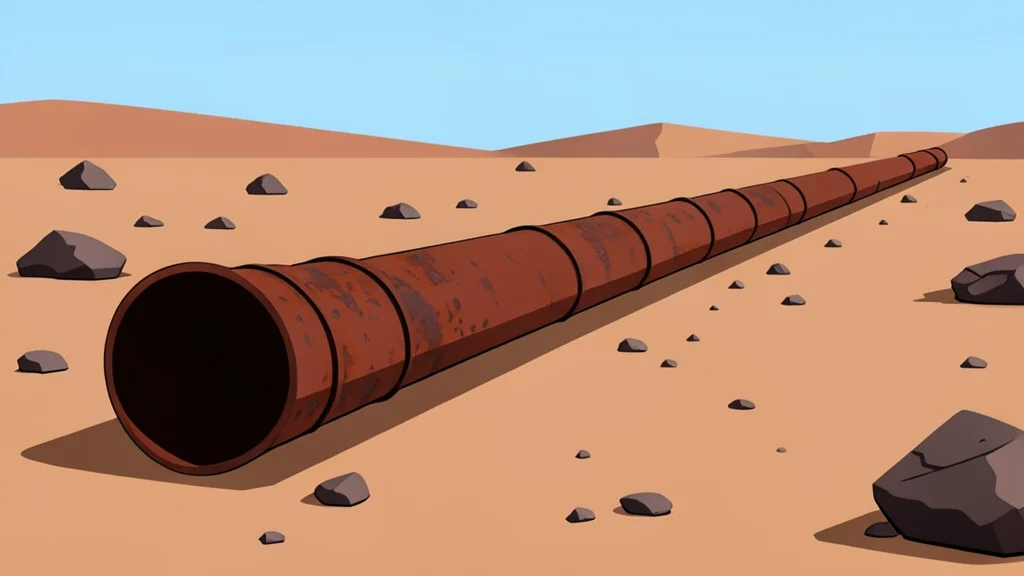 A long, rusted steel pipeline running through a dry, rocky desert landscape