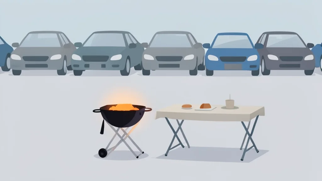 A row of parked cars in a stadium parking lot with a portable grill and a folding table set up for a gathering