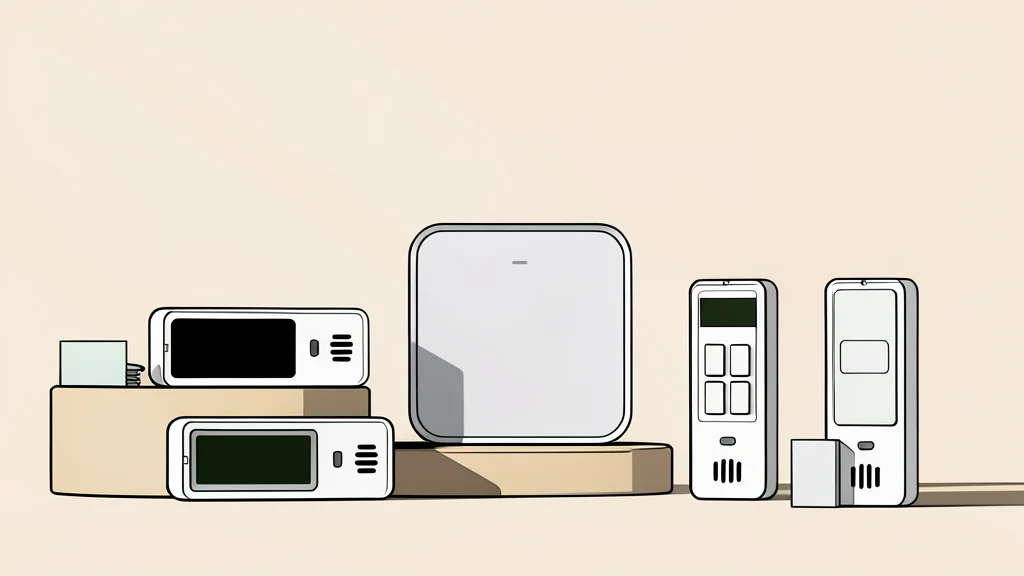 A small, white, rectangular electronic hub with a smooth matte finish and a single small indicator light, sitting on a wooden surface next to a small, round, white sensor device.