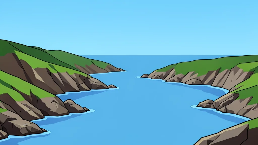 A rugged coastal landscape with a narrow strait separating landmasses, featuring calm blue water and rocky shores under a clear sky.