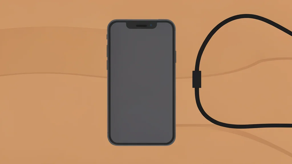 A modern smartphone resting on a wooden desk next to a charging cable