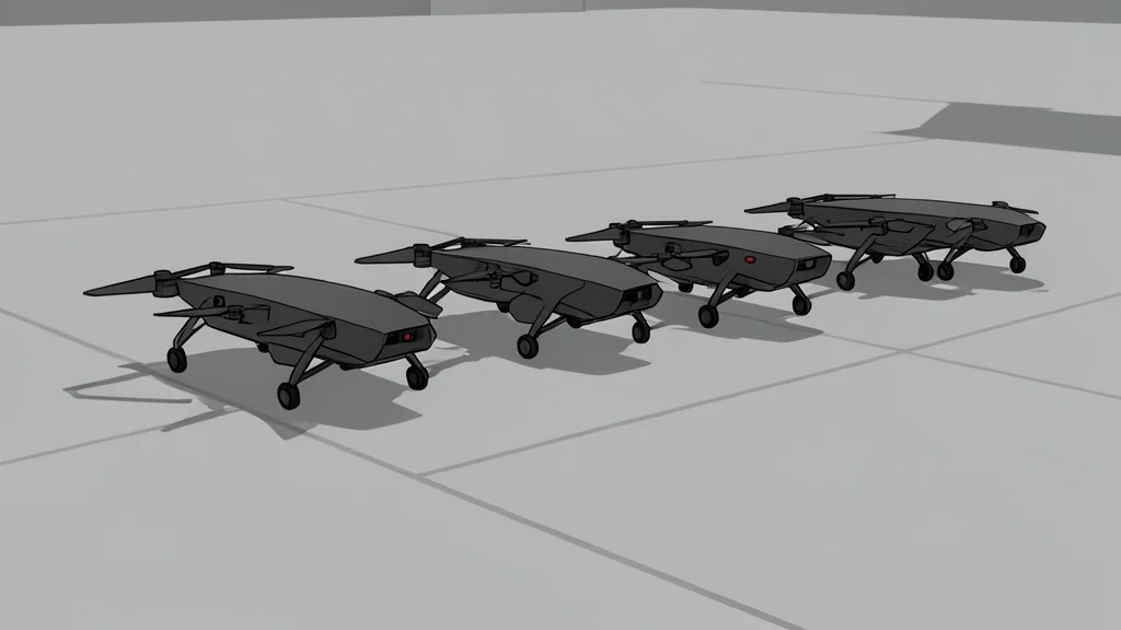 A row of sleek, dark grey unmanned aerial vehicles parked on a concrete tarmac