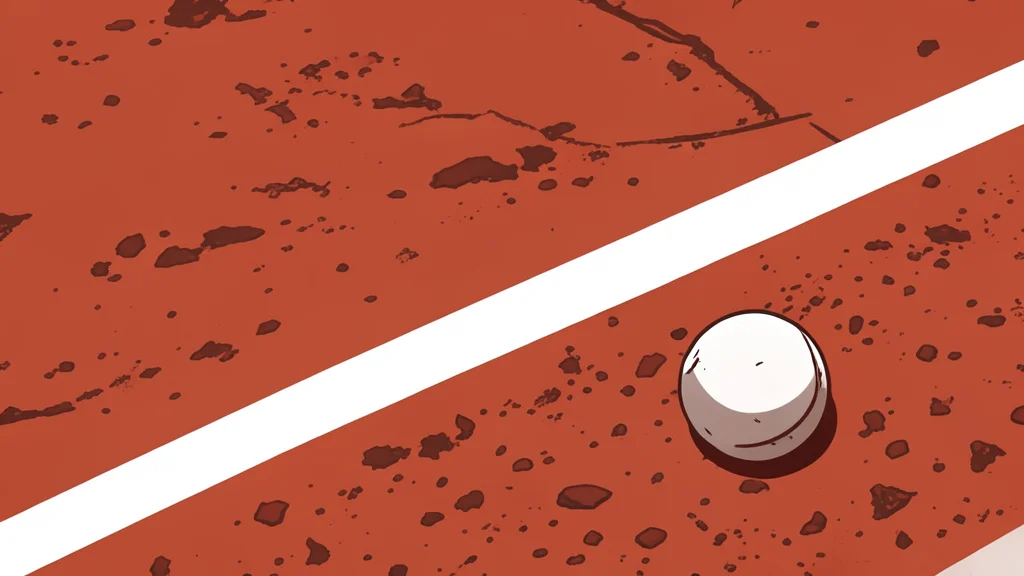 A pristine white tennis ball resting on a green clay court surface