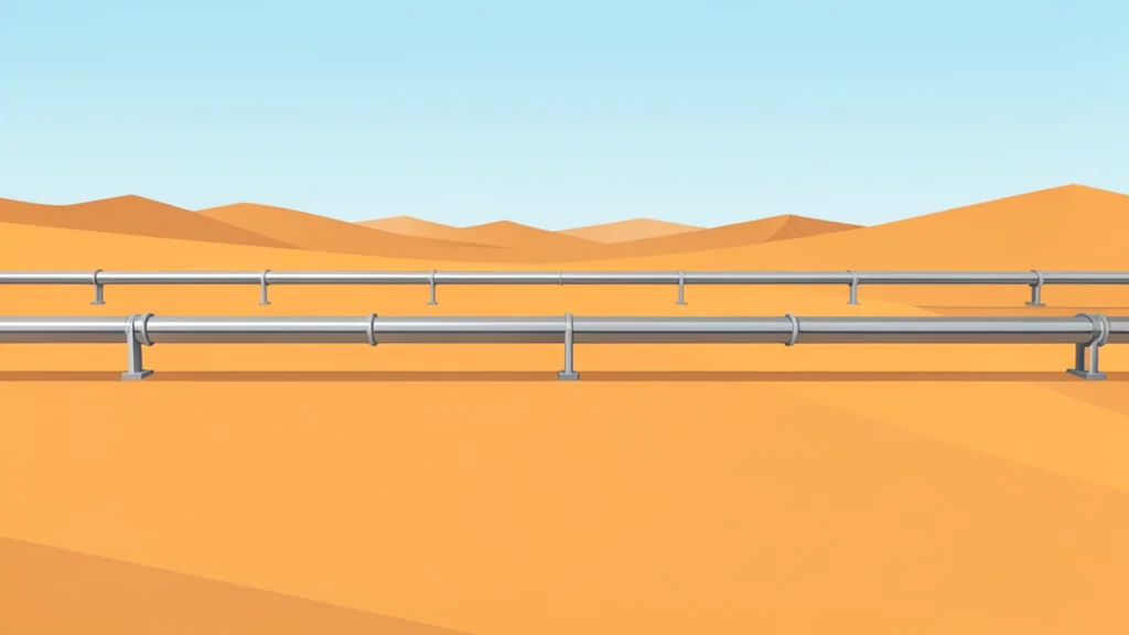 A vast, arid desert landscape with a long, metallic pipeline running horizontally across the sand