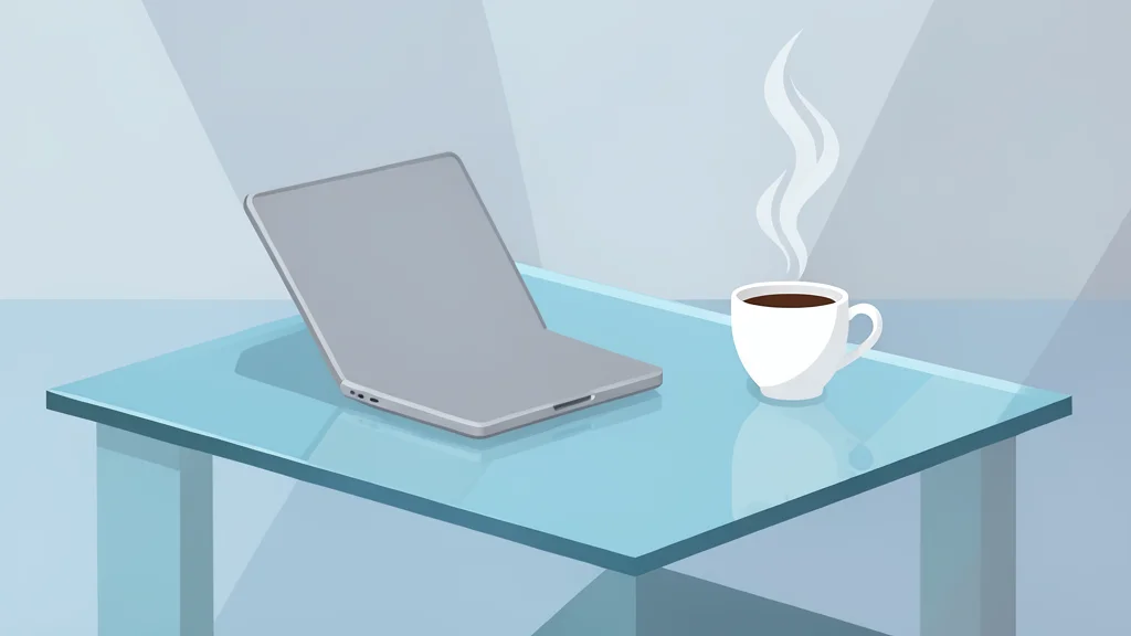 A flat vector illustration of a polished glass trading desk with a laptop and a coffee cup