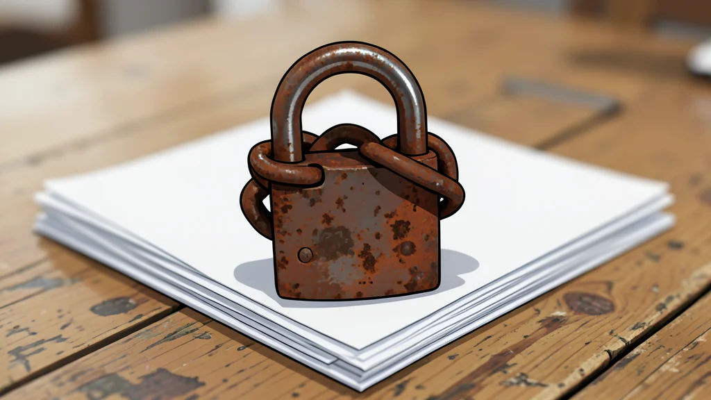 A heavy iron padlock resting on a wooden desk next to a stack of paper documents