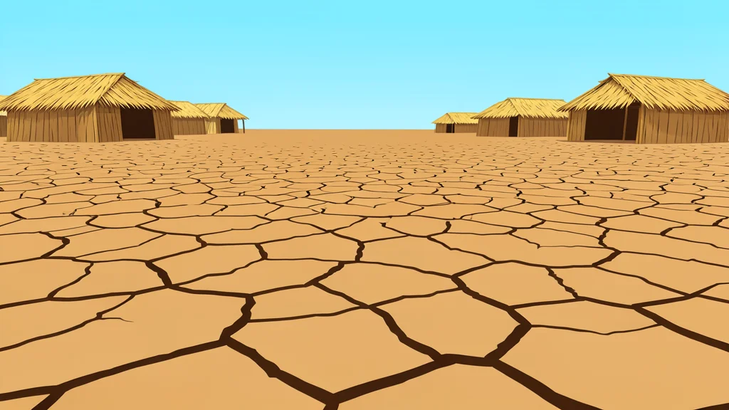 A wide view of dry, cracked earth leading to a distant line of simple shelters made of woven grass and mud.