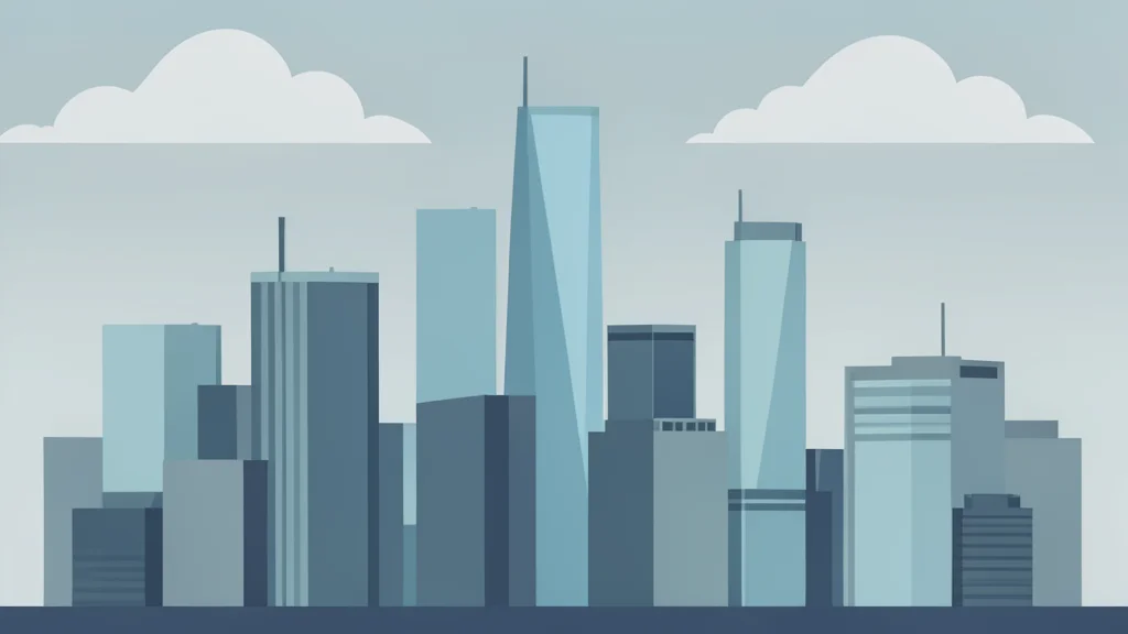 A modern city skyline featuring glass skyscrapers under a cloudy sky.