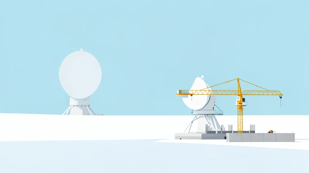 A snow-covered arctic landscape with a distant military radar dish and a construction crane