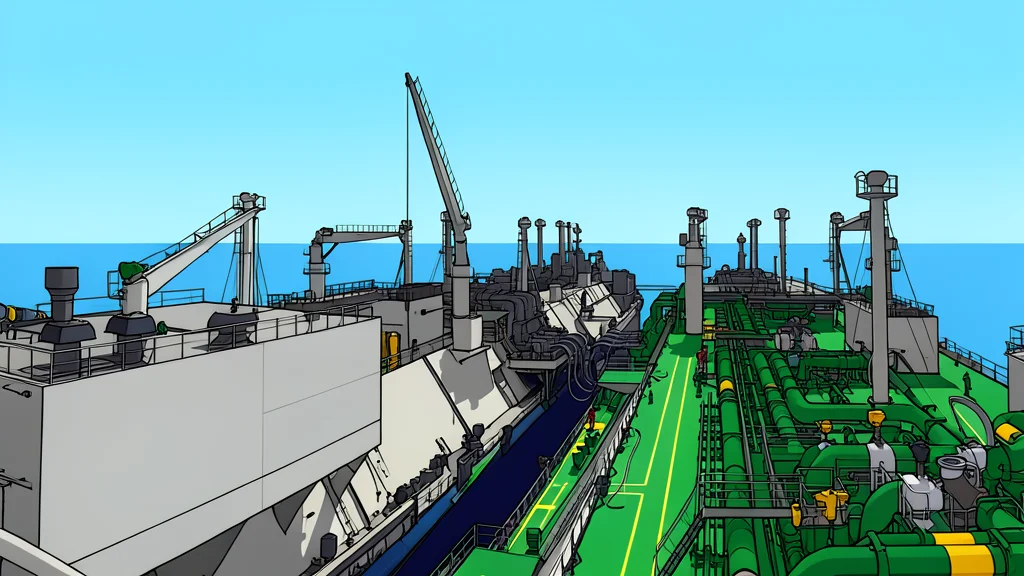 A large white floating vessel docked at a harbor pier with industrial pipes extending from its side into the water