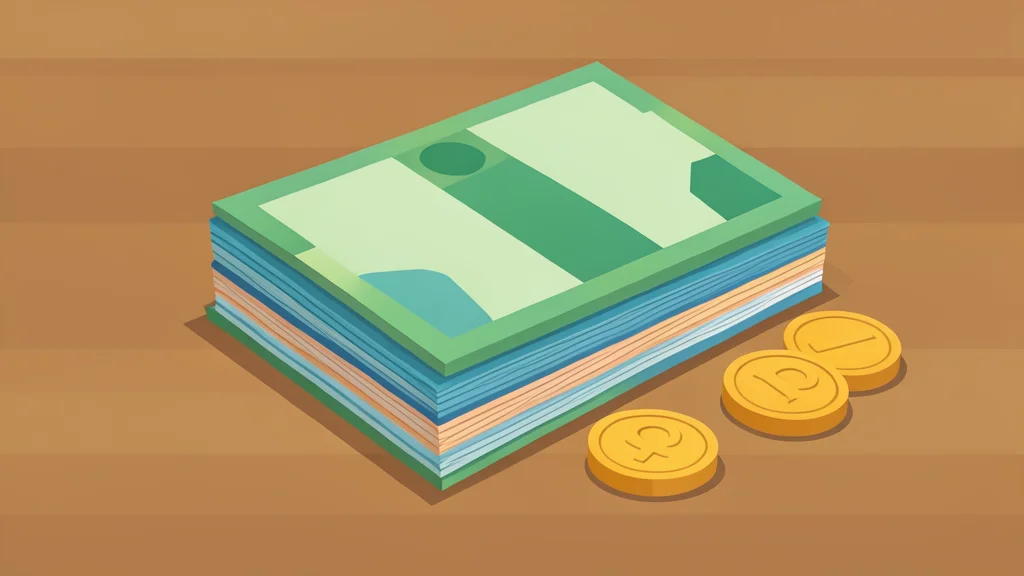 A stack of various banknotes and coins from different countries resting on a wooden desk