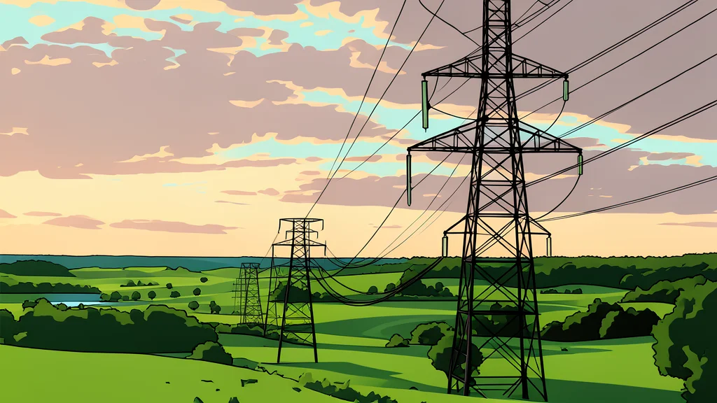 A high-voltage electricity transmission tower standing in a grassy field