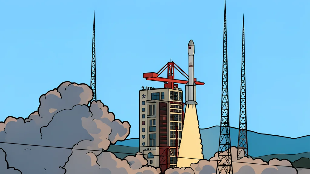 A sleek, silver rocket standing vertically on a concrete launch pad against a clear blue sky