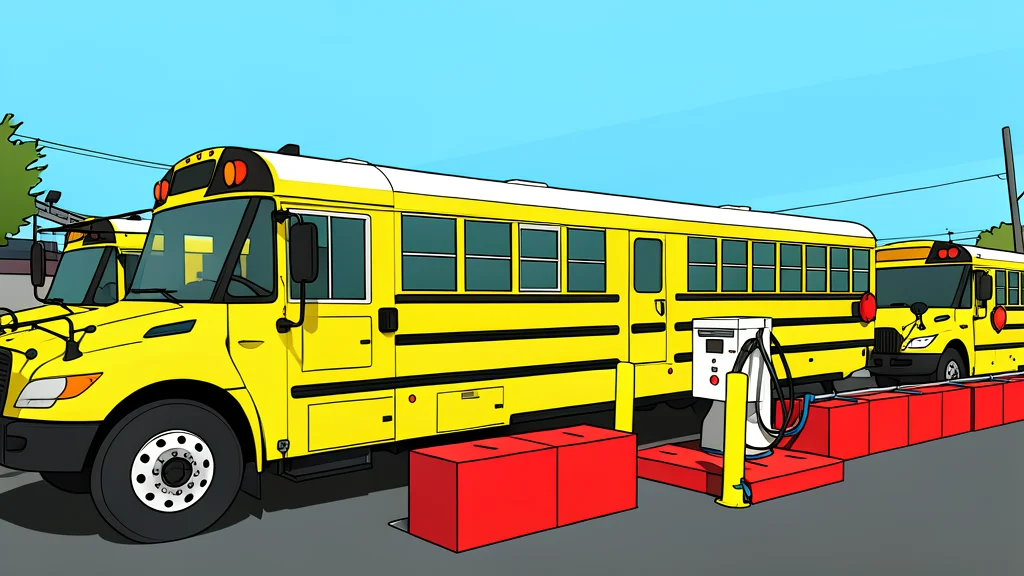 A row of yellow school buses parked under a metal framework with visible electrical cables.