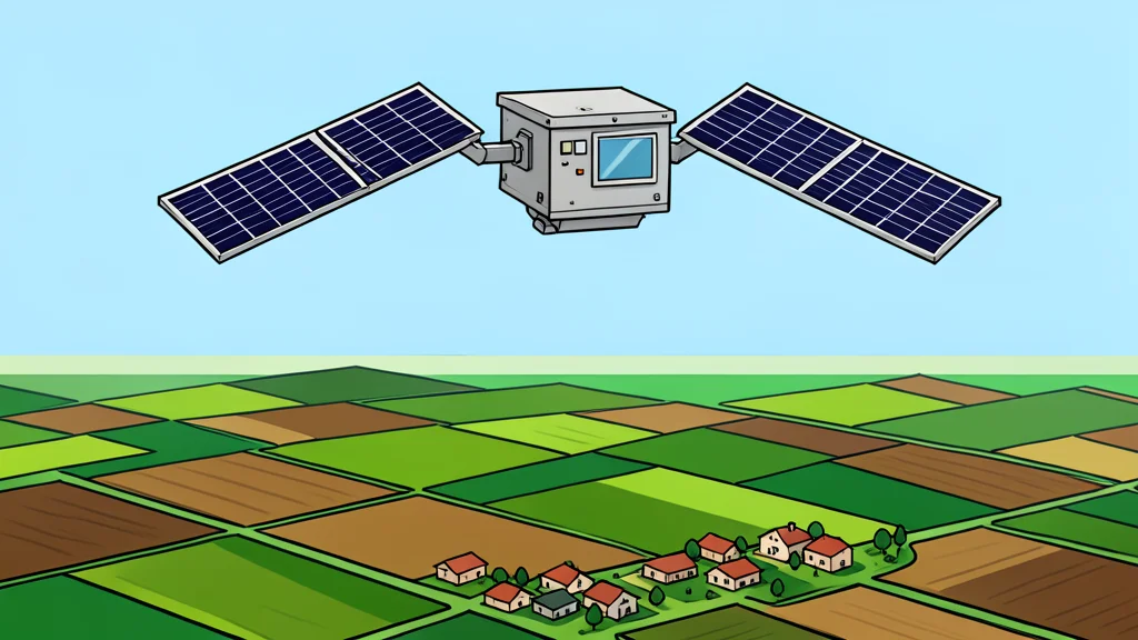 A satellite orbiting above a patchwork of rural farmland and scattered village structures