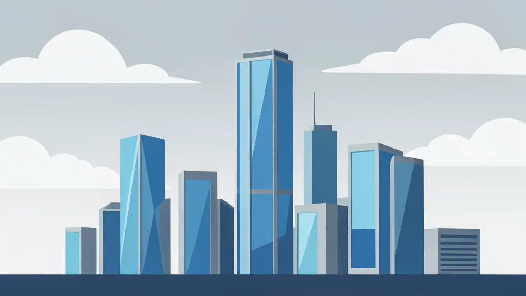 A modern financial district skyline with glass skyscrapers under a cloudy sky