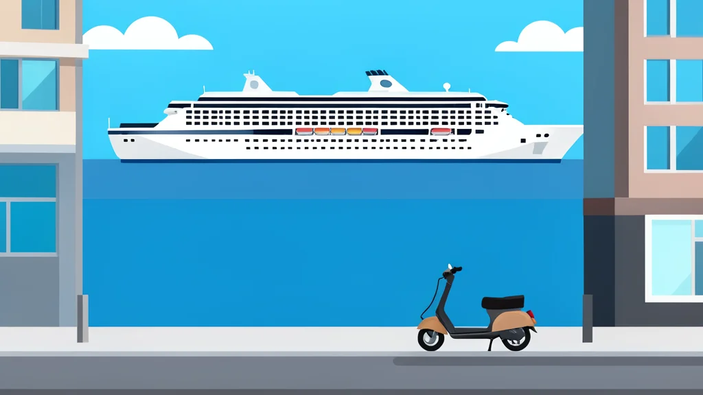 A large cruise ship sailing on the open ocean next to a modern city street with a delivery scooter