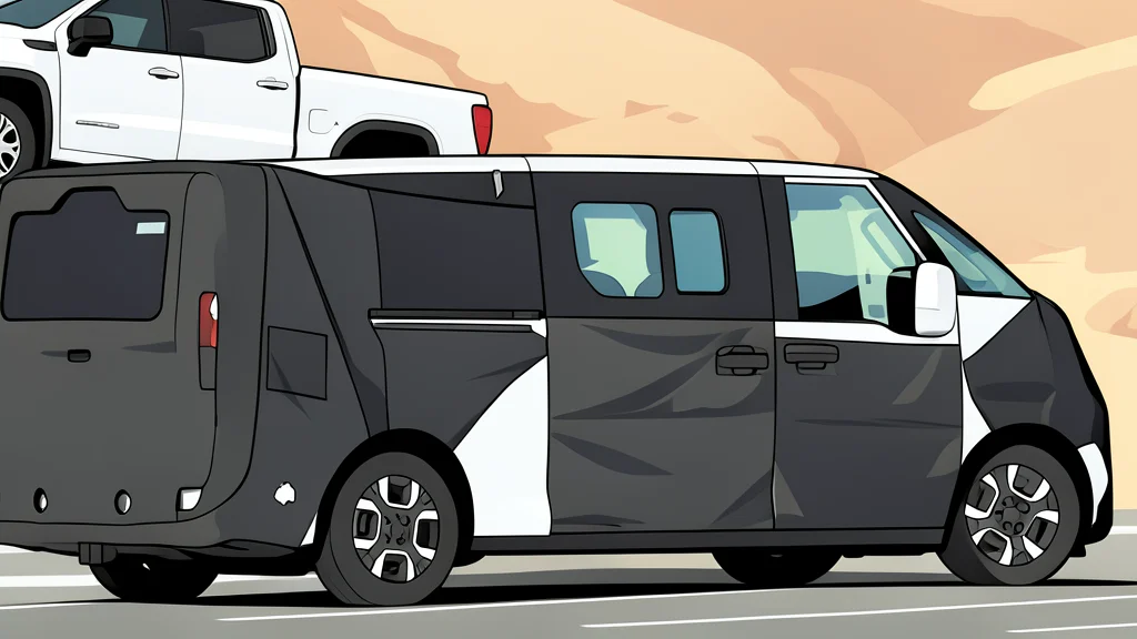 A white electric van parked on a paved road with a desert landscape in the background