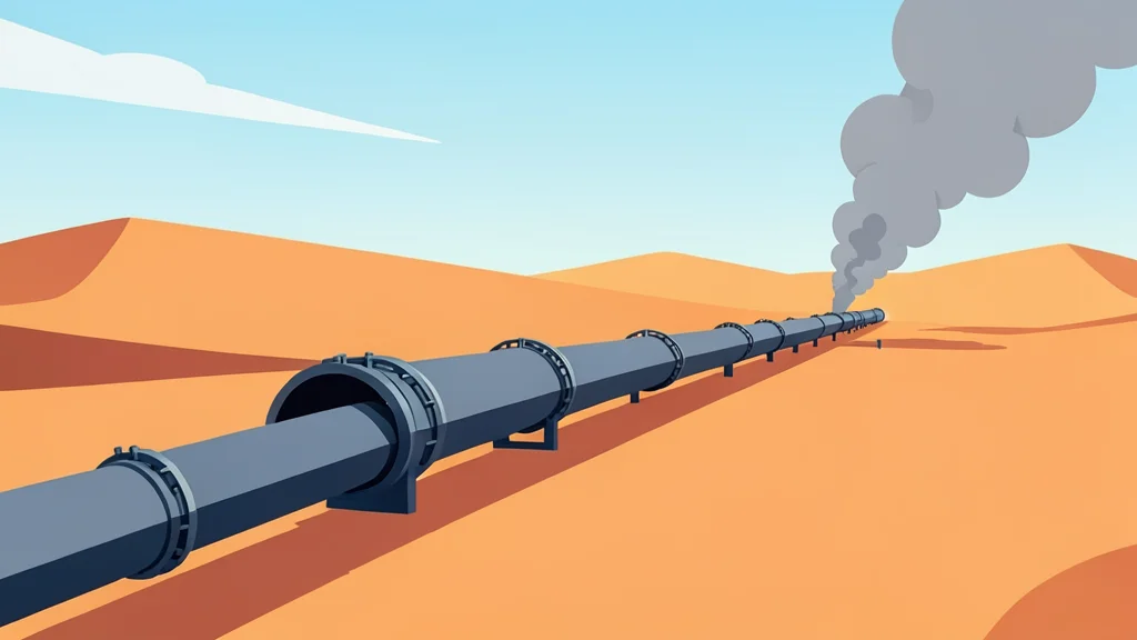 A long pipeline stretching across a desert landscape with smoke rising from a distant point
