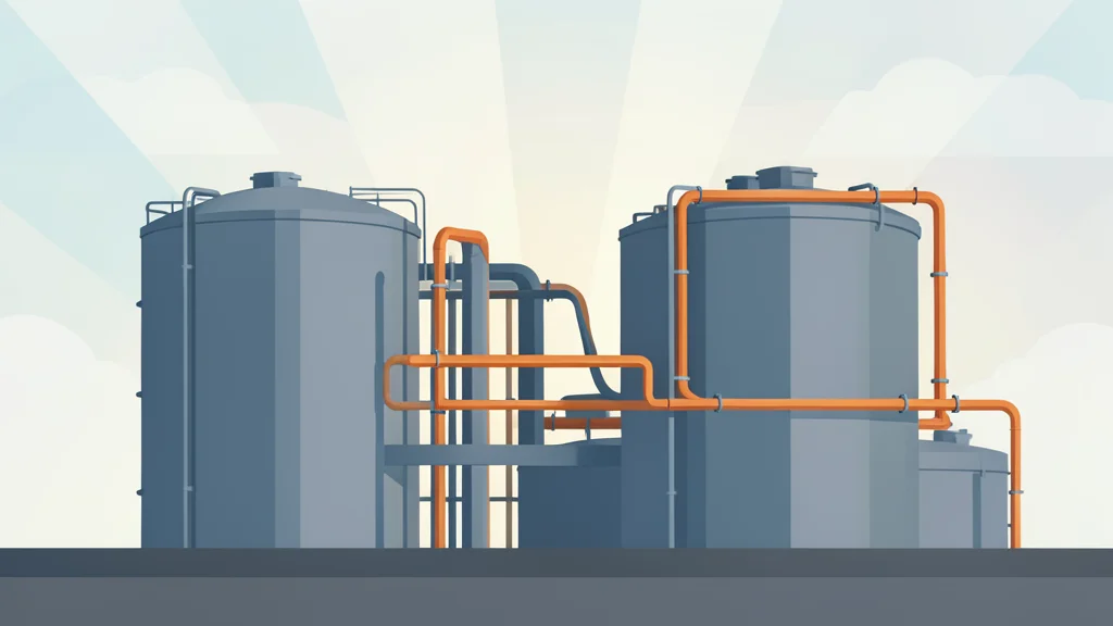 A cluster of industrial gas storage tanks and pipeline infrastructure under a bright, hazy sky