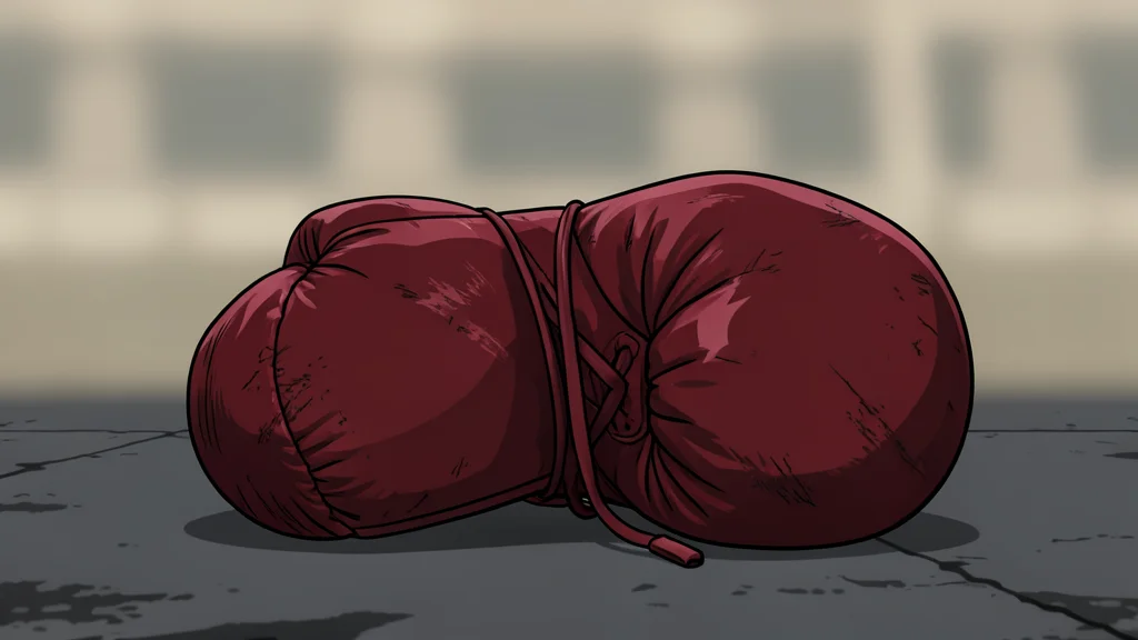 A pair of worn leather boxing gloves resting on a textured canvas floor