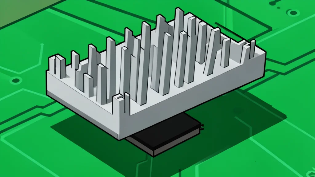 A small black rectangular electronic component with metallic pins resting on a green circuit board.