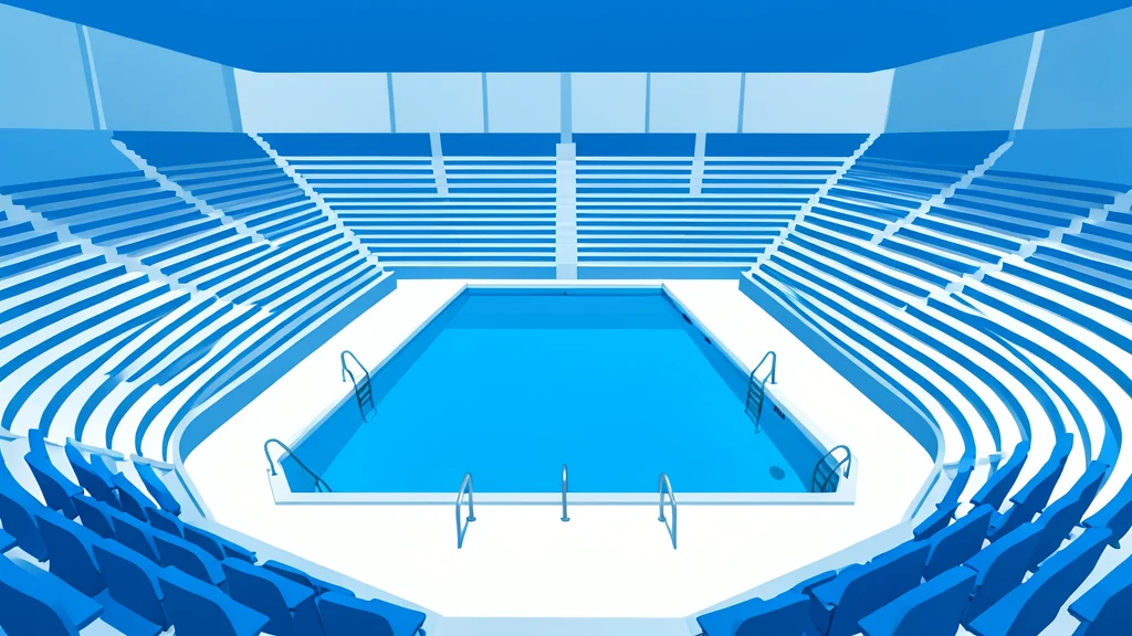A large indoor stadium filled with a rectangular swimming pool and starting blocks