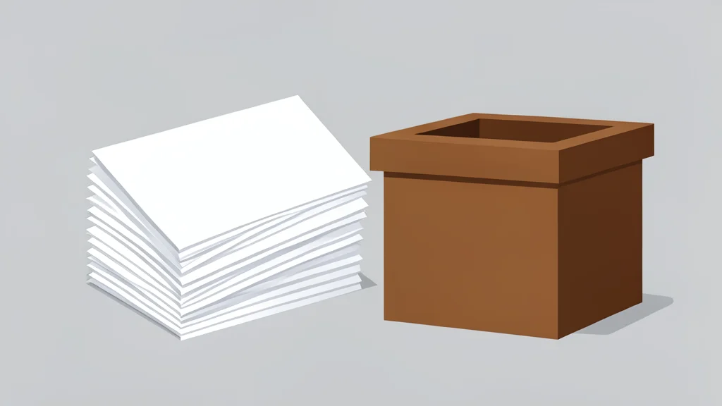 A stack of blank paper ballots resting beside a wooden ballot box.