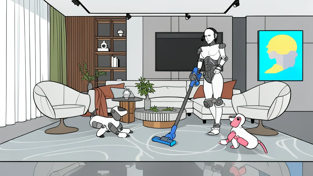 A flat vector illustration of a humanoid robot standing next to a potted plant in a living room.
