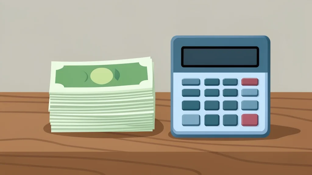 A stack of paper currency notes and a calculator on a wooden desk