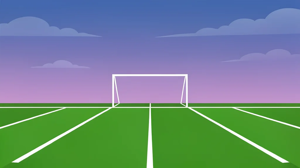 A serene view of an empty green football field at dusk, featuring white yard lines and goalposts against a twilight sky.