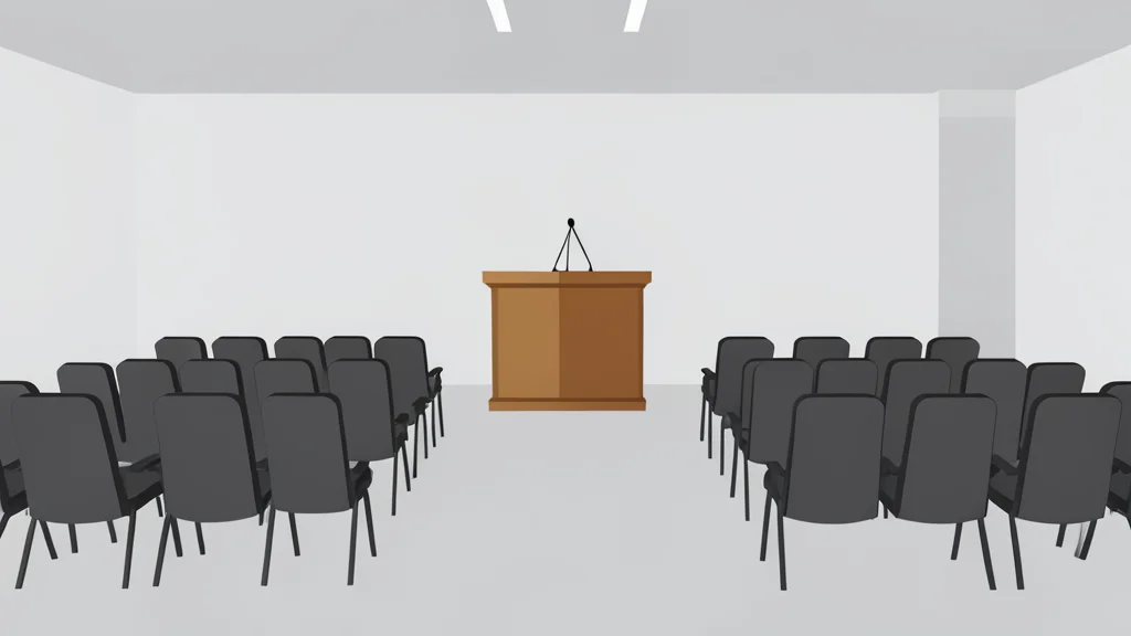 A large, modern conference hall with rows of empty chairs facing a central podium