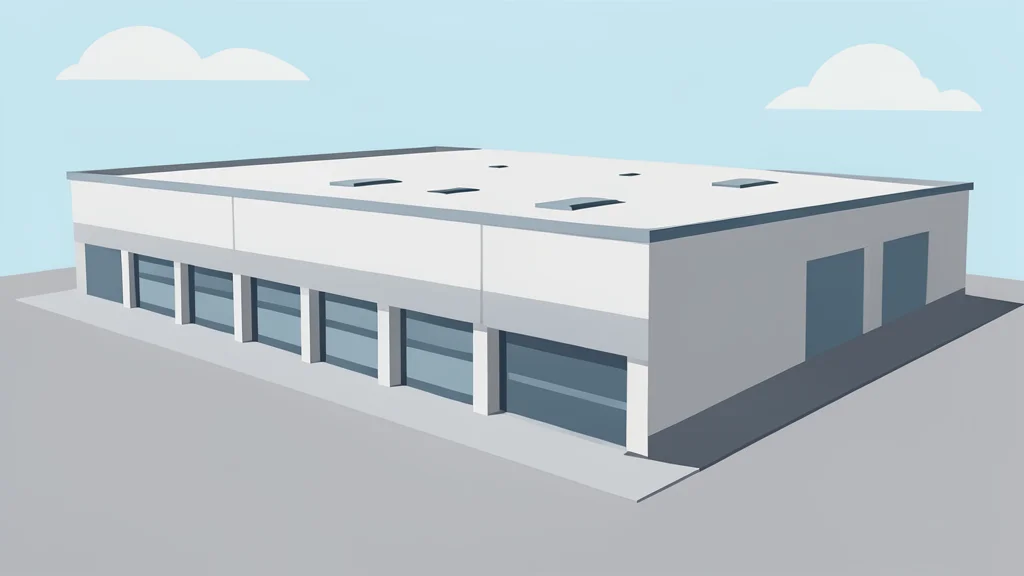 A large, modern industrial factory building with a flat roof and loading docks