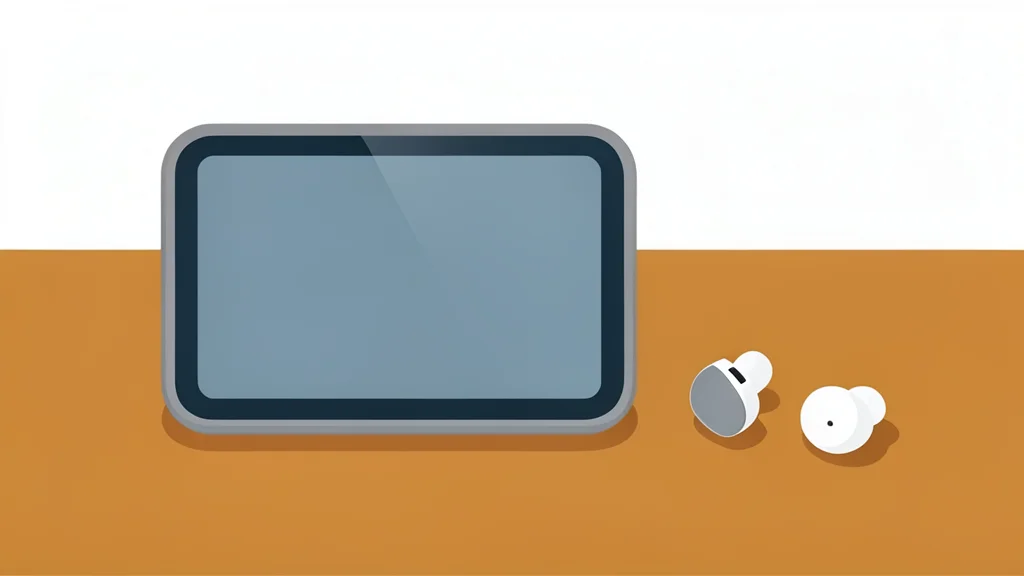A sleek rectangular smart speaker with a small square display on a wooden table next to wireless earbuds.
