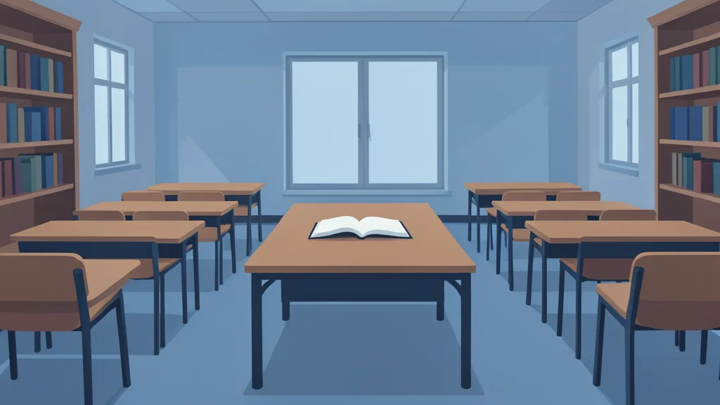 A university library with empty desks and a single open book