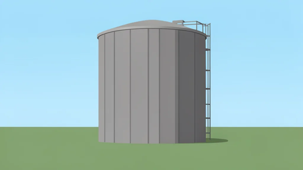 A large industrial fuel storage tank standing in an open field under a clear sky