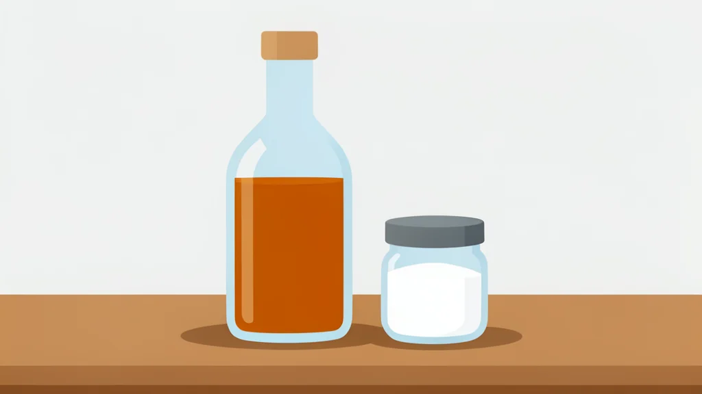 A glass bottle of amber liquid standing on a wooden table next to a small jar of white powder