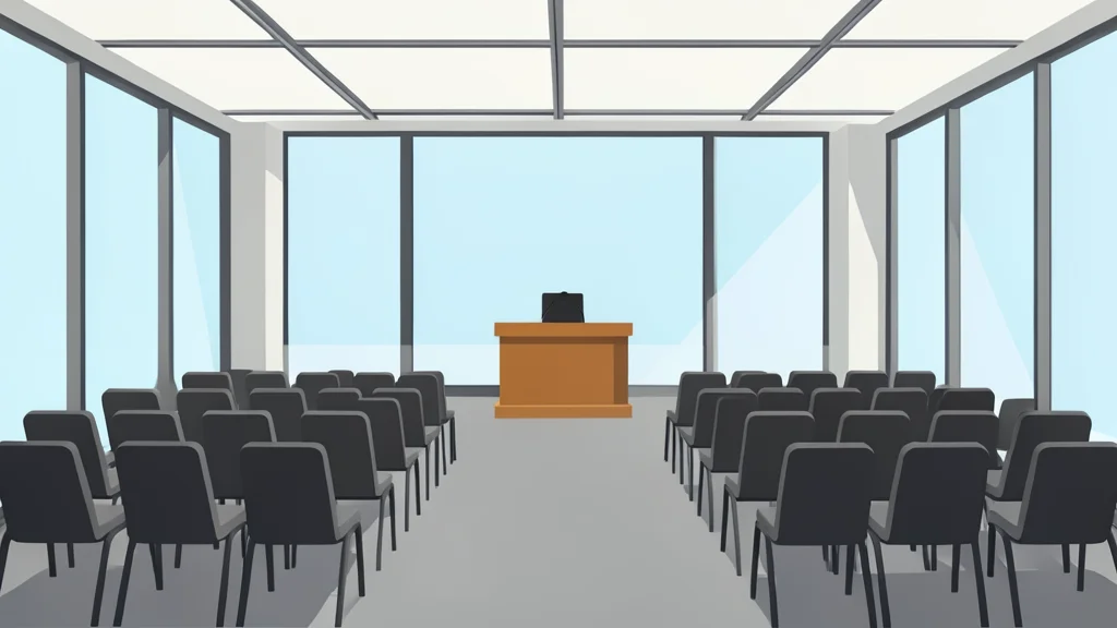 A large, modern conference hall with rows of empty chairs facing a central podium