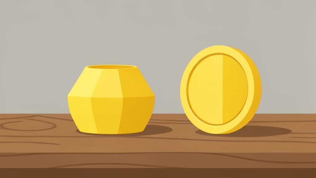 A gold ingot and a digital coin resting on a wooden desk