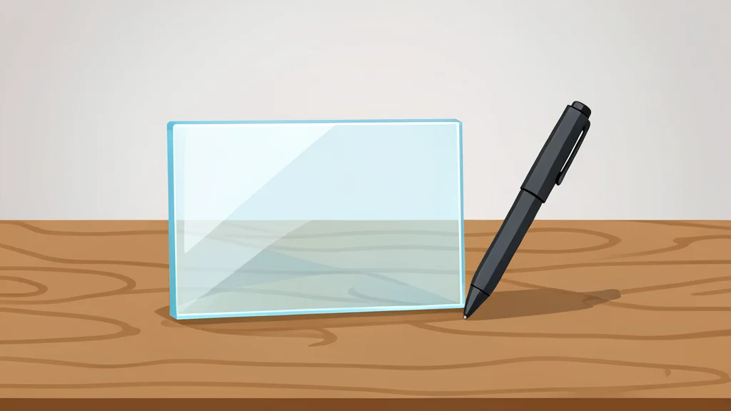 A transparent glass card resting on a wooden desk next to a stylus
