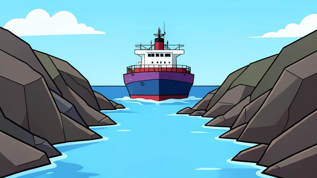 A narrow waterway between rocky shores with a large cargo ship navigating through it