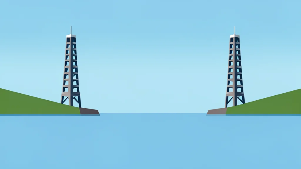Two distinct geometric structures standing on opposite sides of a wide, calm body of water, separated by a gap.