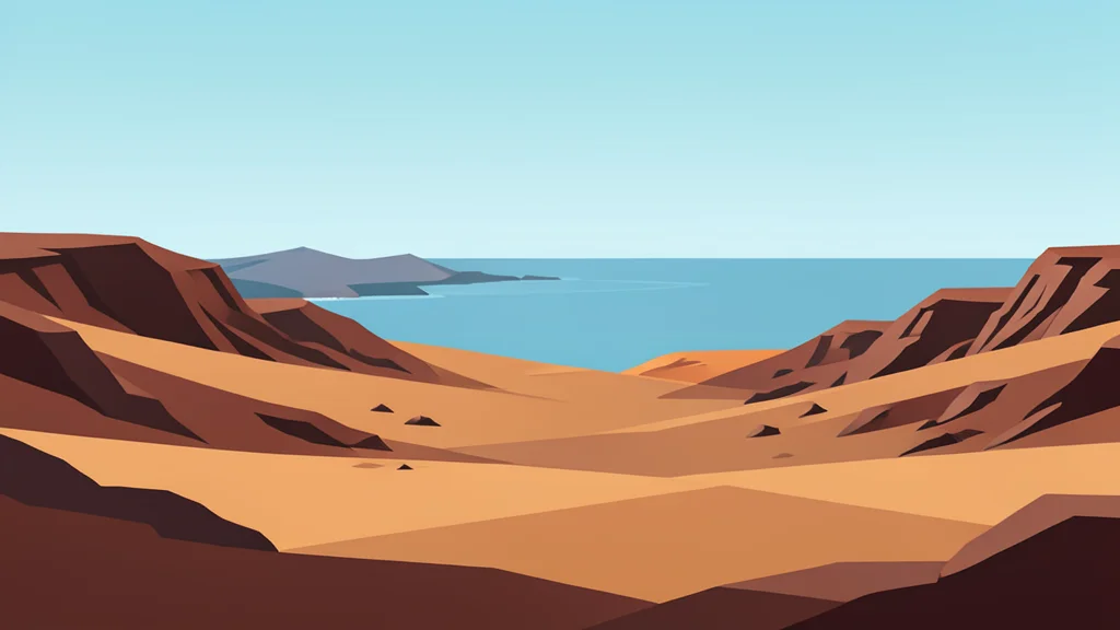 A rugged desert landscape with a distant coastline and a calm sea horizon