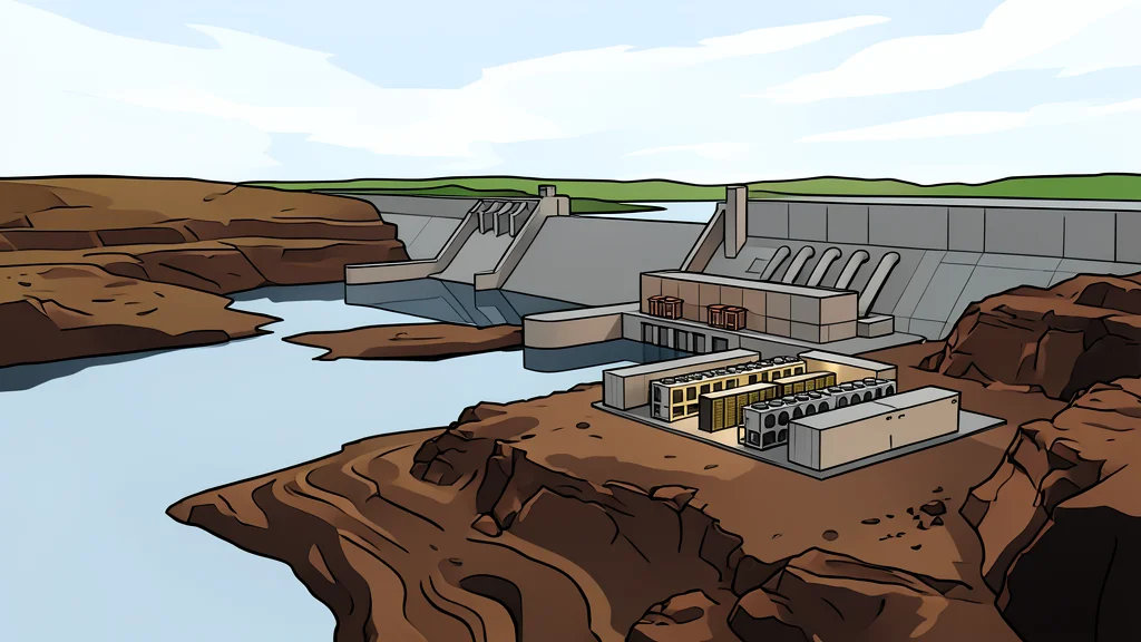 A large concrete hydroelectric dam structure with water flowing through its spillways