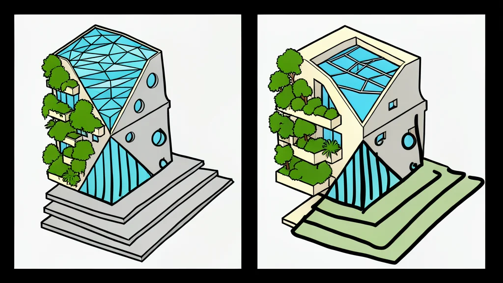 A complex 3D wireframe model of a building structure floating in a digital void