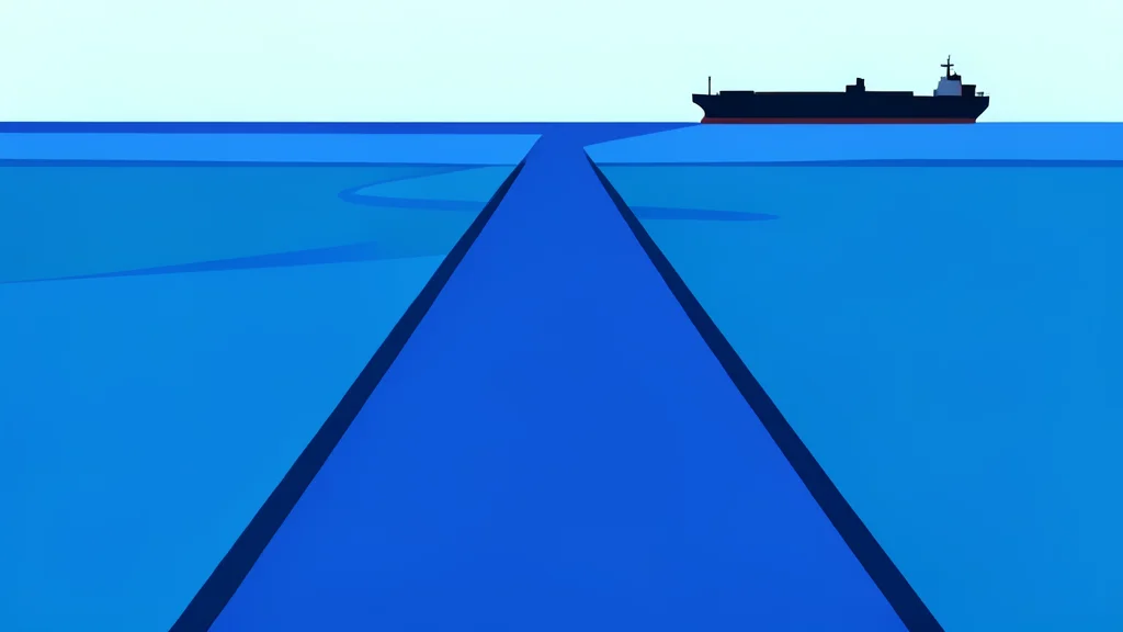 A narrow, deep blue waterway connecting two large bodies of water, with a silhouette of a cargo ship in the distance